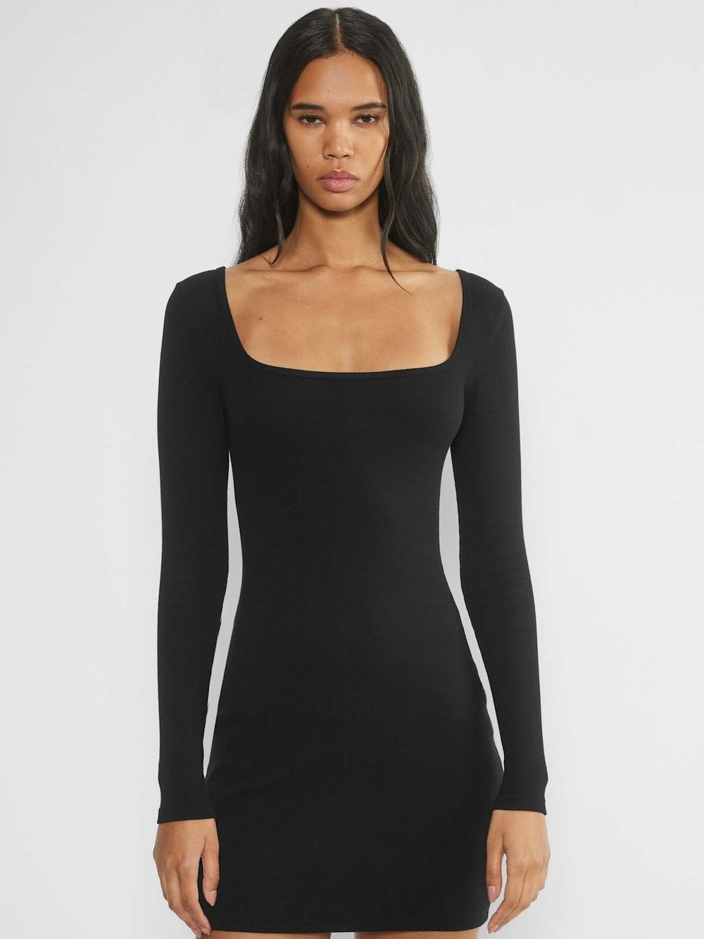 Long Sleeve Square Neck Black Bodycon Dress
